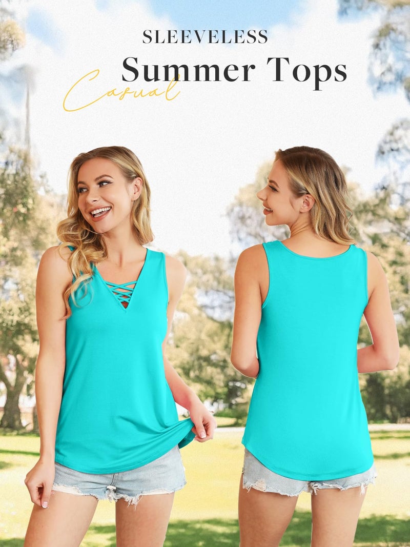 Feiersi Women's Summer Sleeveless Criss Cross Casual Tank Tops Basic Blouse Nile Blue Small - Image 3
